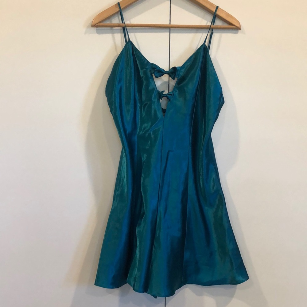Vintage 90’s Silky Pajama Romper Lingerie Bow Detail Jewel Tone Size Medium